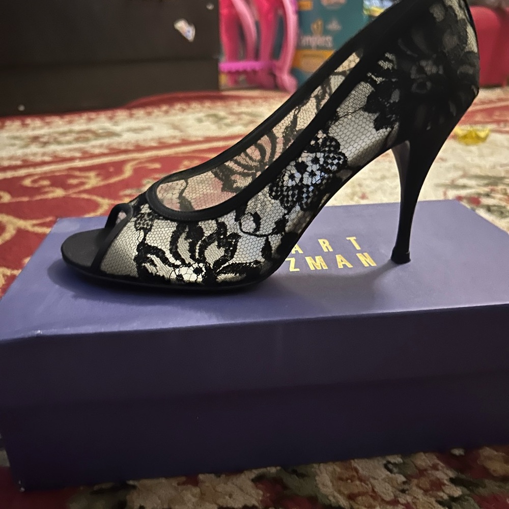 Stuart Weitzman Black Lace Peep-Toe Heels